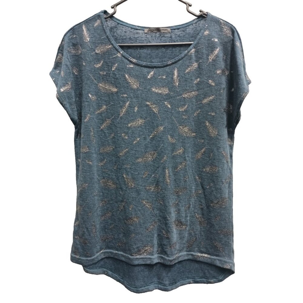 Arianna By Howards Womens BOHO Top S/M‎ Teal Leaf Print Metallic Short Sleeve